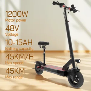 Electric Scooter 48V 1200W Rear Engine Foldable Scooter Electric 45KM/H Max Speed E Scooter with Seat 45KM Max Distance 10-15AH
