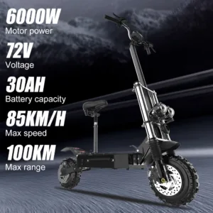 6000W Electric Scooter with Seat for Adult 11 inch Off Road Electric Scooter up to 110km High Speed 85km/h 72V Dual Motors